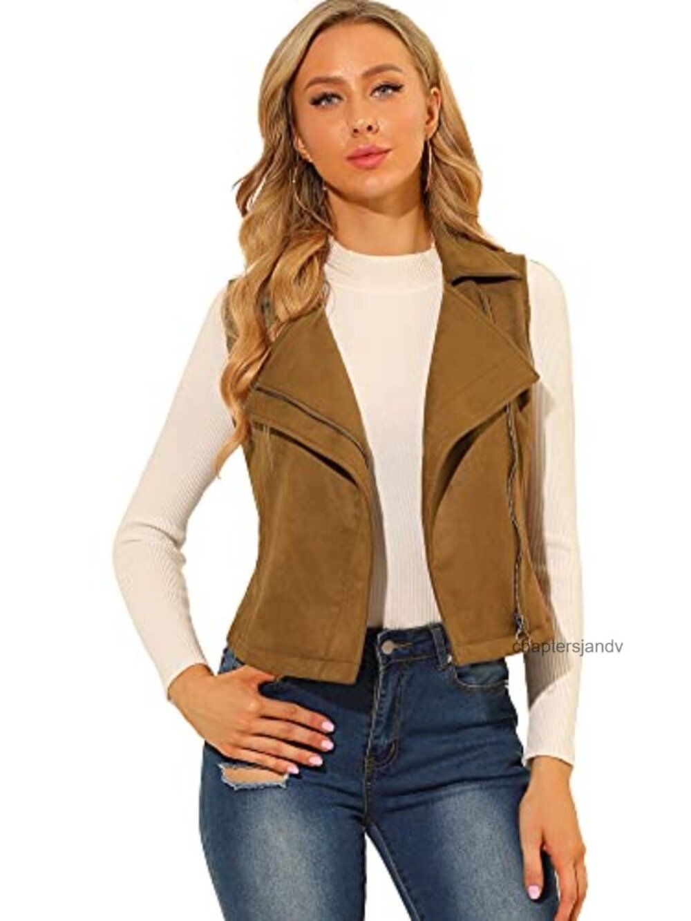 Faux Suede Vest Zip Up Lapel Neck Sleeveless Moto Jacket